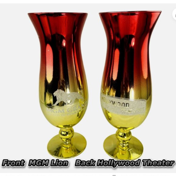 1 MGM Grand Lion  Hollywood Theater Mirrored Goblet Glass Red Gold not drunk out - Picture 1 of 15